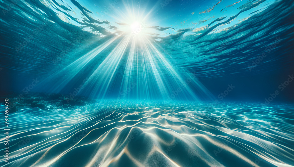 Sunlight dances on the rippled seabed, showcasing the serene beauty of the ocean's depths.
Generative AI.