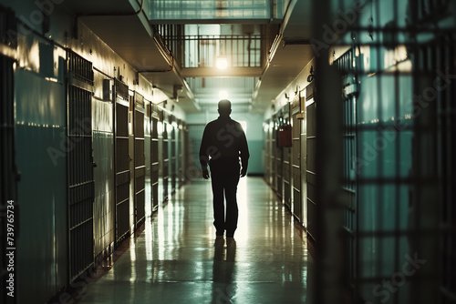 prison guard walking down the aisles of the prison
