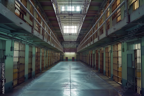 wide shot of the central aisle of a prison