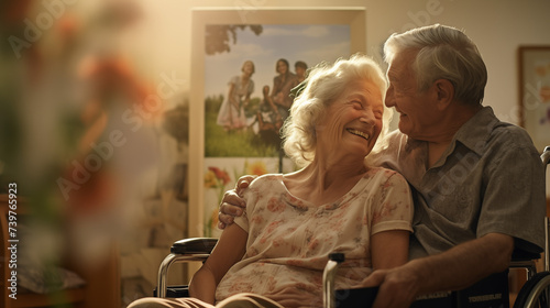 
A cheerful elderly woman, wearing a floral-print dress, tenderly embraces a senior man in a wheelchair in a brightly lit nursing home room, surrounded by framed family photos on the wall, photo