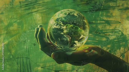 Transparent Hand Holding Earth Model on Translucent Green Surface - Conceptual Mixed Media Art of Eco-Friendly Planet Conservation and Renewable Energy Innovation