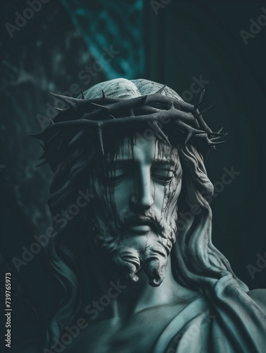 Sculpture of Jesus Christ with a crown of thorns on his head. Suffering and faith.