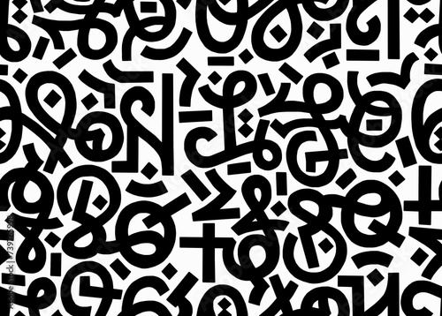 A black and white abstract hand-drawn drawing in the style of hieroglyphs.Seamless pattern.