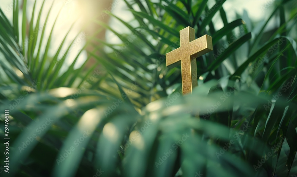 Golden cross among palm branches. Christianity. Palm Sunday. Faith and religion. - obrazy, fototapety, plakaty 
