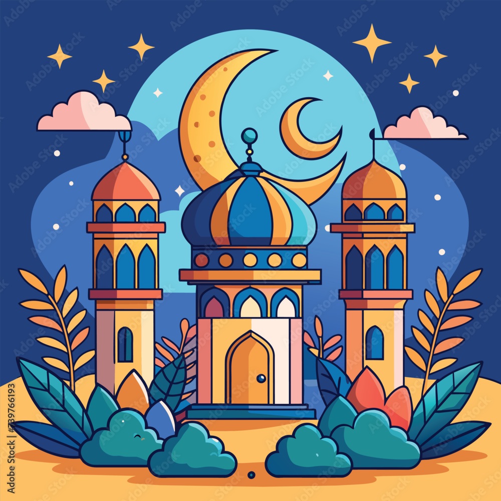 A colorful Mosque at Ramadan with lanterns and moon in vector