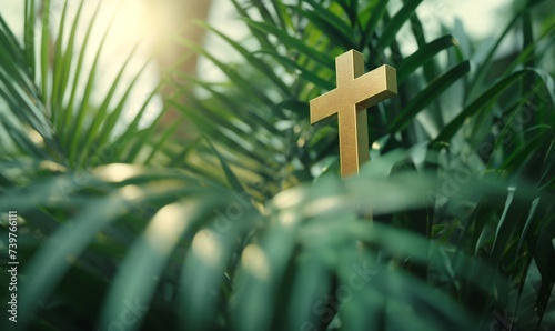 Golden cross among palm branches. Christianity. Palm Sunday. Faith and religion.