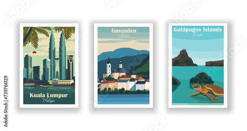 Galápagos Islands, Ecuador. Gmunden, Austria. Kuala Lumpur, Malaysia - Vintage travel poster. High quality prints