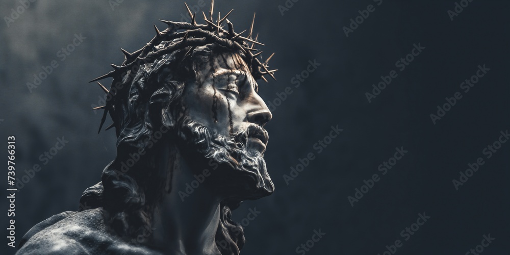 Fototapeta premium Jesus Christ in profile. An ancient statue. Religion, faith, death, suffering, immortality, God concept.