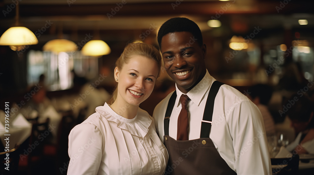 A charming portrait of a waiter and waitress, both adorned in professional attire, their smiles radiating warmth and hospitality, A charming portrait of a waiter and waitress, both adorned in professional attire, their smiles radiating warmth and hospitality,