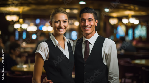 waiter and waitress smiling in a restaurant set. photo