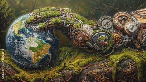 Steampunk Mechanical Hand Grasping Earth Globe on Mossy Green Surface - Industrial and Whimsical Fantasy Illustration