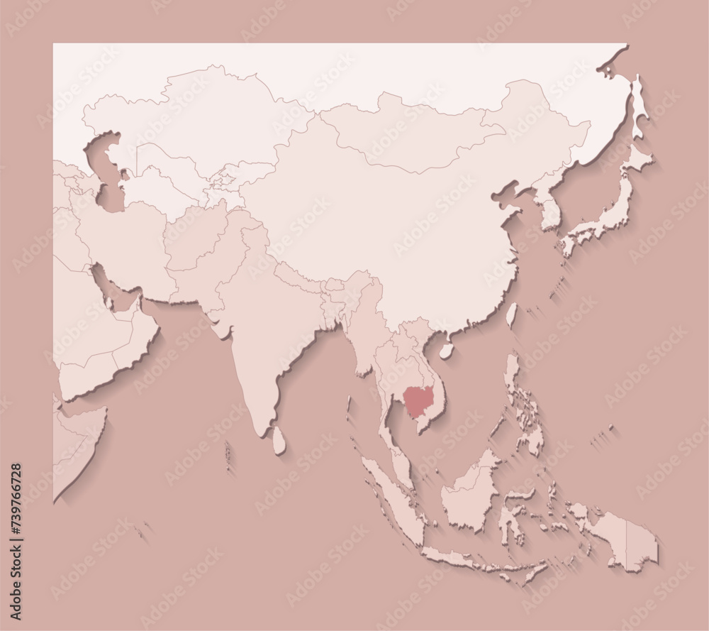 Obraz premium Vector illustration with asian areas with borders of states and marked country Cambodia. Political map in brown colors with regions. Beige background