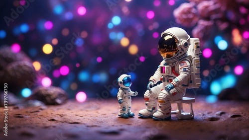 A astronaut in space with a kid astronomy, son farther relationship concept photo