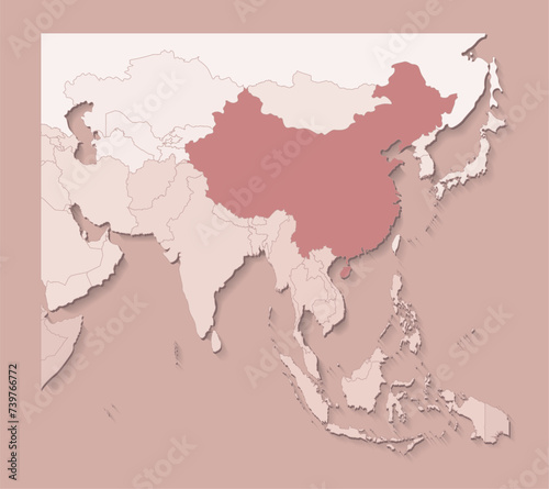 Vector illustration with asian areas with borders of states and marked country China. Political map in brown colors with regions. Beige background