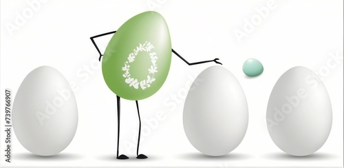 A view of a green egg with the Dreamstime logo on the front, standing beside three plain white eggs. photo