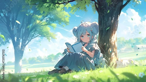 Tranquil Study: A Girl Reads Beneath a Tree, Notebook Resting Gently