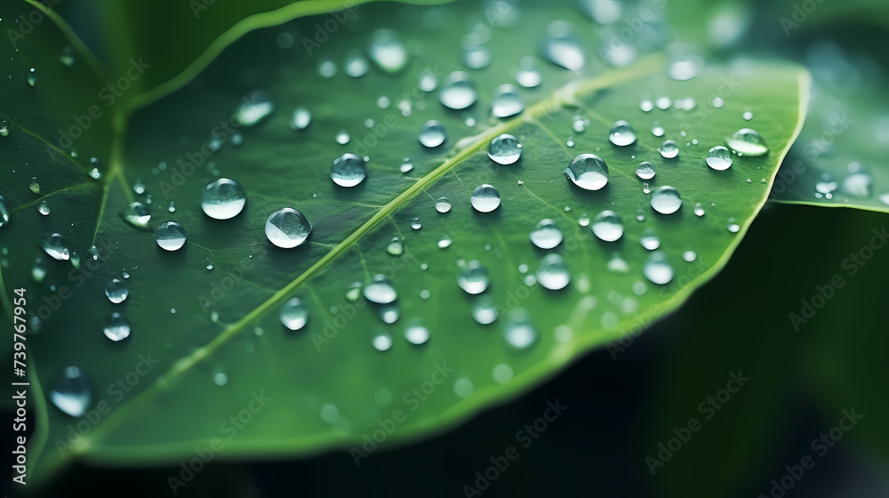 Macro view of dew drops on vibrant green leaves Macro view of dew drops on vibrant green leaves