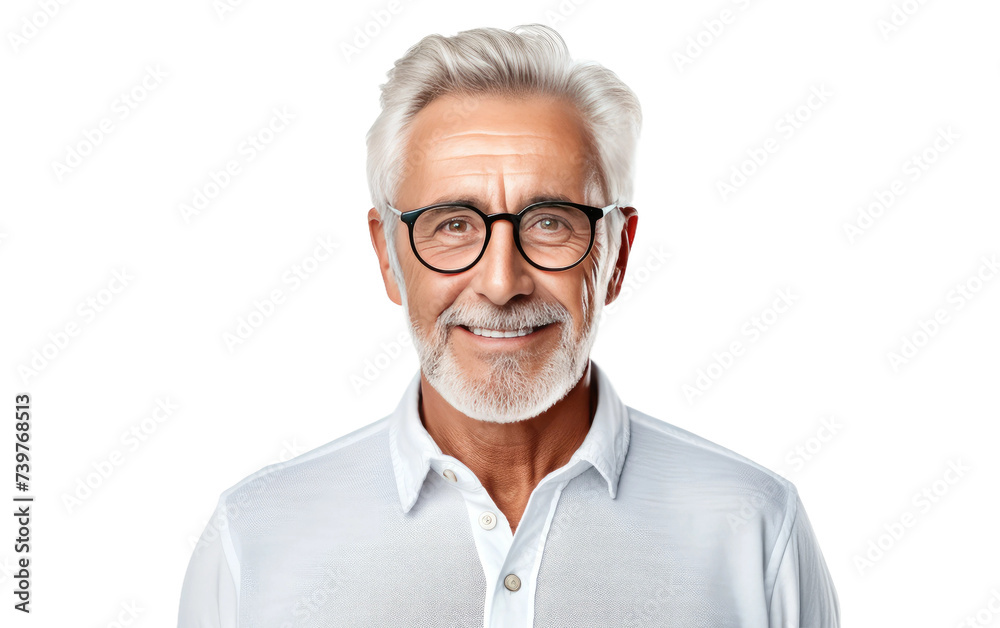 An older man wearing glasses and a white shirt stands in front of the camera, looking directly at the viewer. on a White or Clear Surface PNG Transparent Background. An older man wearing glasses and a white shirt stands in front of the camera, looking directly at the viewer. on a White or Clear Surface PNG Transparent Background.
