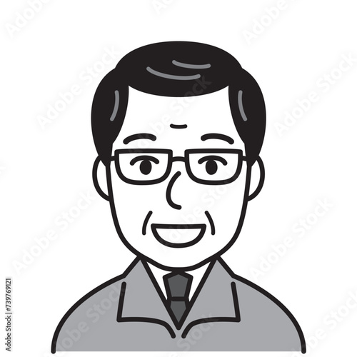 作業服の眼鏡の男性　白黒
