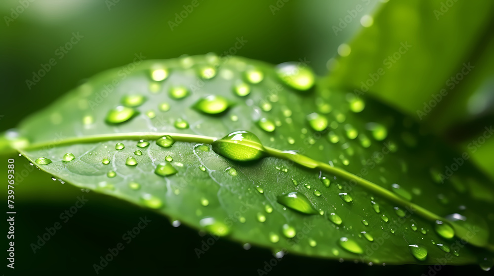 Macro view of dew drops on vibrant green leaves Macro view of dew drops on vibrant green leaves
