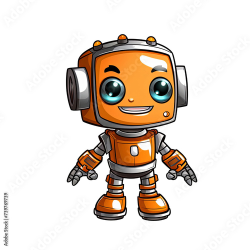 Happy orange cartoon Robot child with headphones, friendly smiling companion storytelling. Interactive educational technologies in future, robotics for skill development. Emotional Intelligence and AI