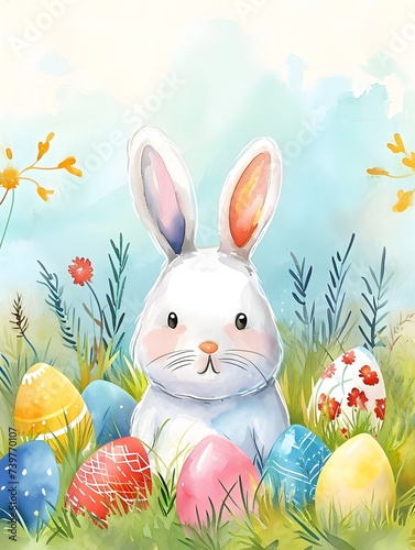 Rabbit Sitting in Grass With Easter Eggs