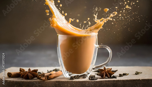 Chai splashing in a teacup with spices