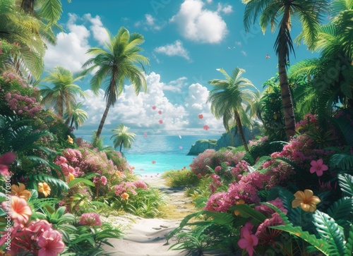 A Painting of a Tropical Landscape With Flowers and Palm Trees