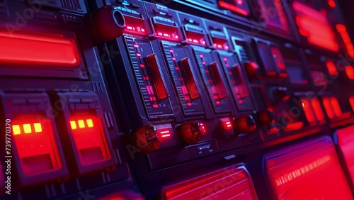 Closeup shot of an control panel with bright red lights and audible alarms signaling an urgent system alert that requires immediate action. photo