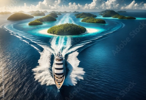 a luxurious yacht leaving a lush island