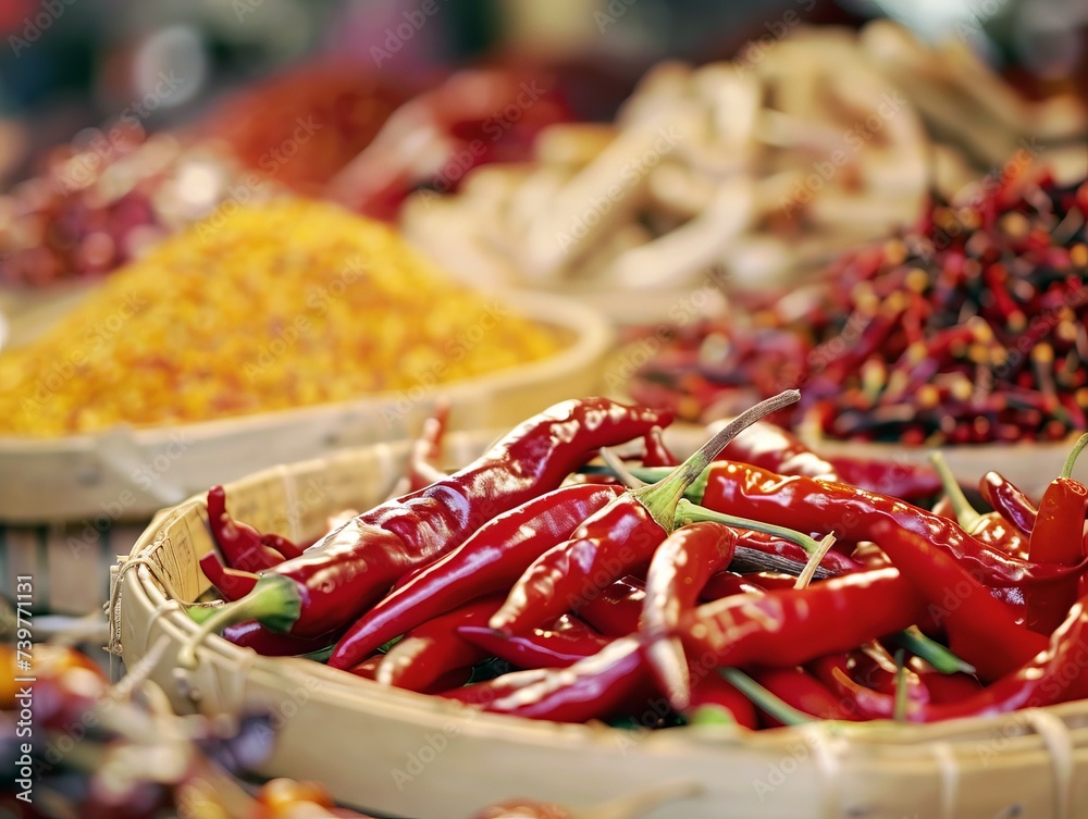 Bowls filled with an assortment of vibrant spices and fresh chillies, highlighting diverse flavors.