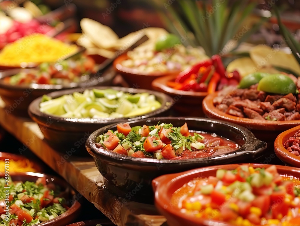 A buffet spread of various traditional Mexican dishes including tacos, salsas, and guacamole.