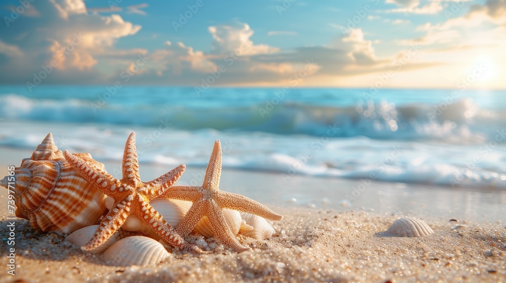 Starfish and Shells on the Beach at Sunset Starfish and Shells on the Beach at Sunset