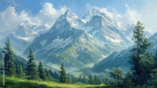 A Painting of a Mountain Range With Trees in the Foreground © hakule