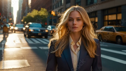 woman walking on the street, blonde woman wearing suit