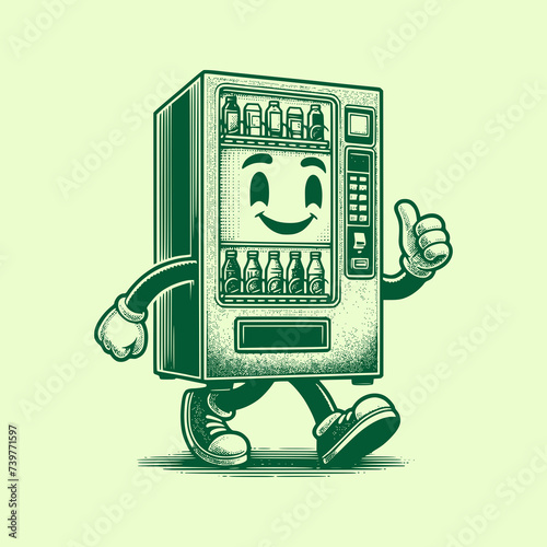 cool mascot vending machine walking in retro vintage art style vector illustration