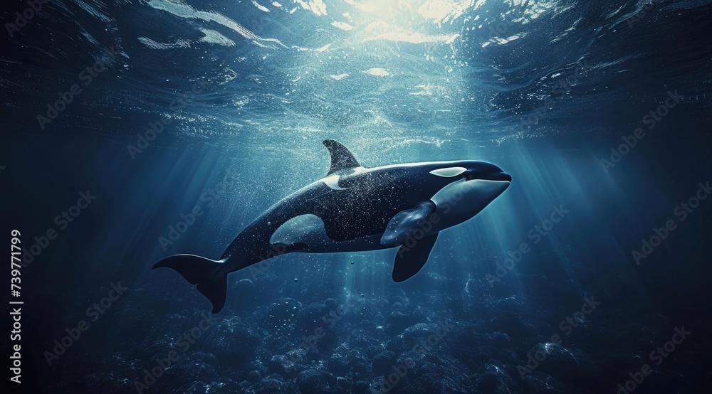 Fototapeta premium Orca Swimming Underwater in the Ocean