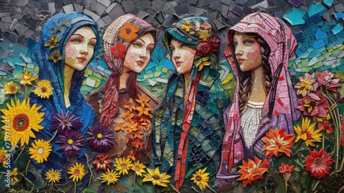 Mosaic of Three Women With Flowers in Their Hair
