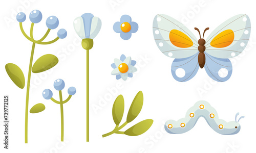 Blue, blue flowers, green leaves, blue butterfly and caterpillar. Summer flowers and insects