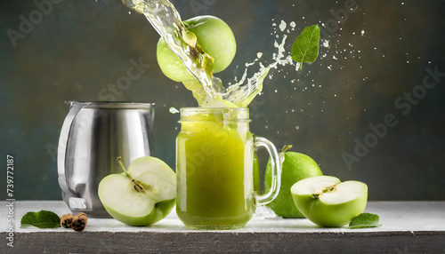 Green apple juice splash in jar and fresh apple fruit slices photo