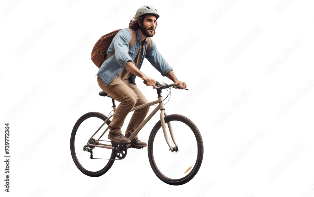 A photo capturing a man riding a bike while carrying a backpack. on a White or Clear Surface PNG Transparent Background. A photo capturing a man riding a bike while carrying a backpack. on a White or Clear Surface PNG Transparent Background.