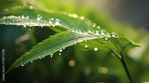 Macro view of dew drops on vibrant green leaves