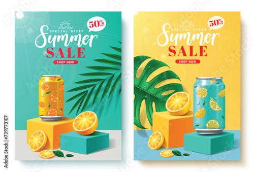 Summer sale text vector poster set. Summer sale special offer promo discount with soda drinks orange flavor in podium stage for tropical season product promotion. Vector illustration summer sale 