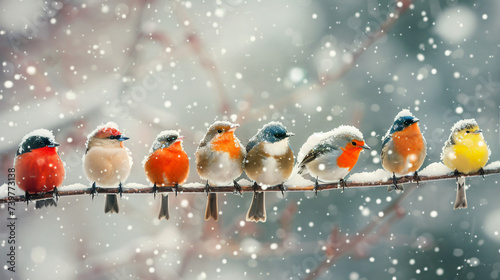 Winter postcard: a row of colorful little birds. © Salman