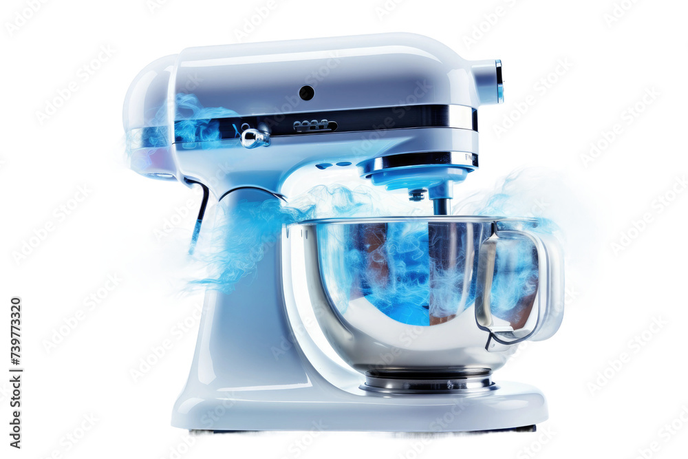 A white mixer with blue liquid pouring out, creating a vibrant and dynamic visual. on a White or Clear Surface PNG Transparent Background. A white mixer with blue liquid pouring out, creating a vibrant and dynamic visual. on a White or Clear Surface PNG Transparent Background.