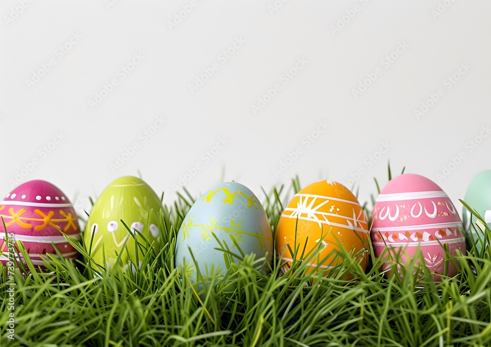 Colorful Painted Easter Eggs Nestled in Lush Green Grass Against a White Background
