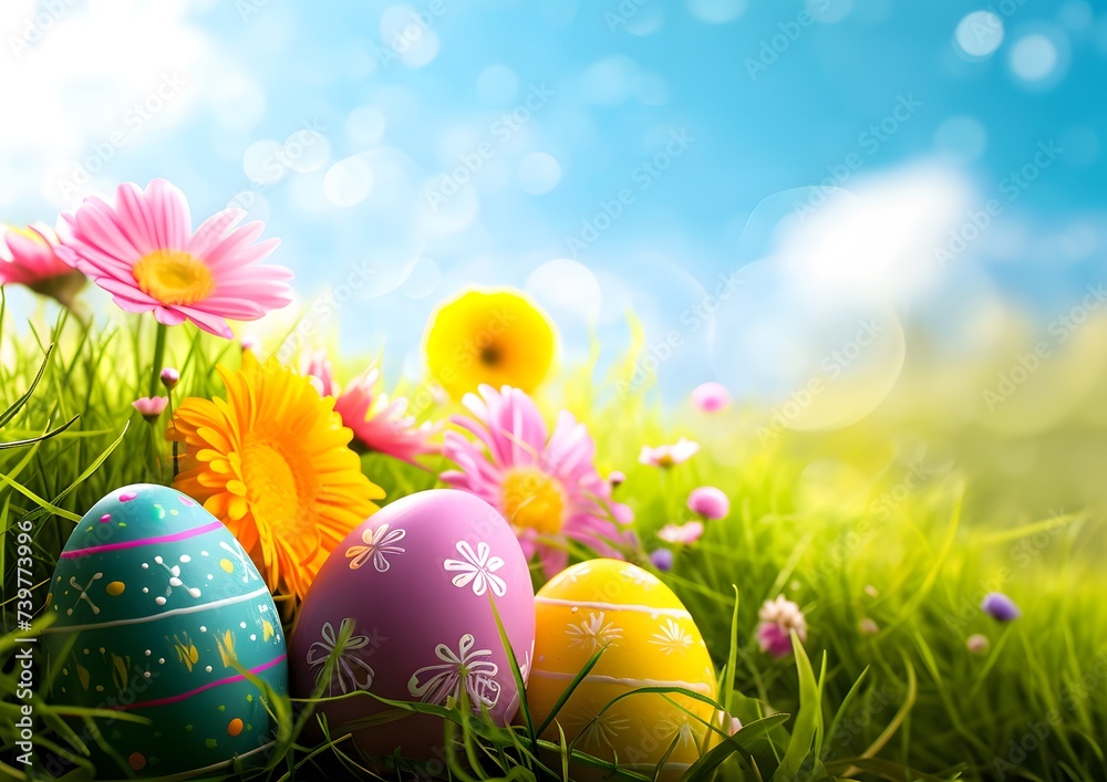 Easter Eggs in Grass With Daisies and Blue Sky