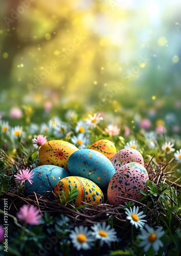 Colorful Easter Eggs in the Grass