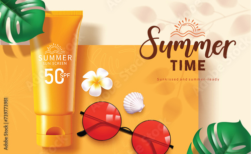 Summer time sunscreen vector design. Summer time greeting text with sunblock and sunscreen body lotion elements for product branding promotion. Vector illustration summer sunscreen advertisement. 
