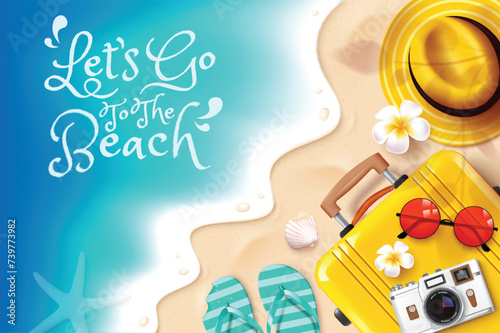 Summer beach vector design. Let's go to the beach greeting text with luggage, hat, flipflop, sunglasses and camera elements in sea shore background for tropical season travel concept. Vector 